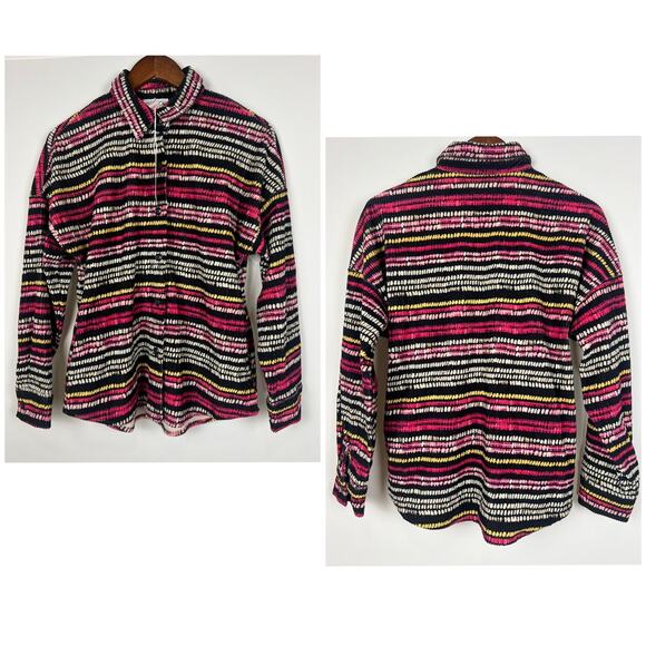 Emily Wonder Multicolor Ribbed Button up Shirt S Long Sleeve Collared Boho Retro - Picture 4 of 11